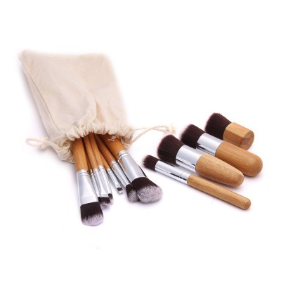 New 11pcs high quality Bamboo Wood Makeup beauty tools available Burlap Bag Powder Eyebrow Blush face Make Up Brushes set